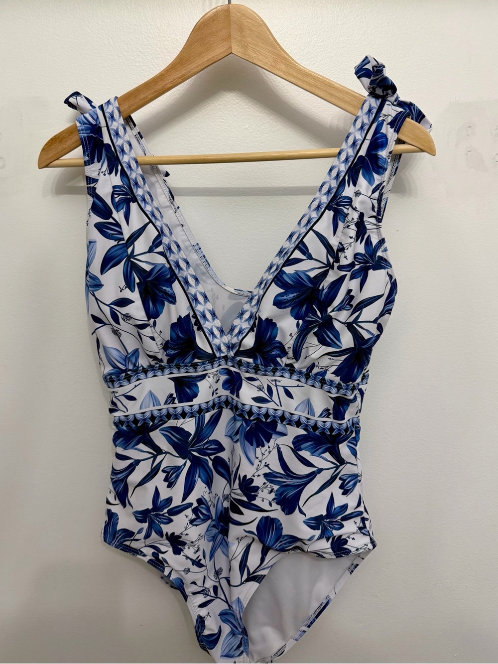 Blue Floral V-Neck Women’s Bodysuit with Braided Trim